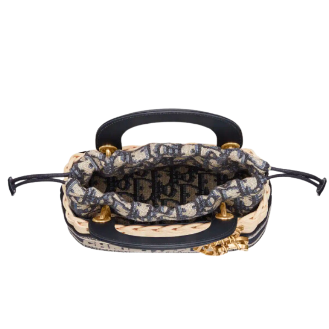 LUXE Lend Designer Handbag Hire Australia - Hire Dior Mini Lady Dior Natural Wicker and Blue Dior Oblique Jacquard l DIOR