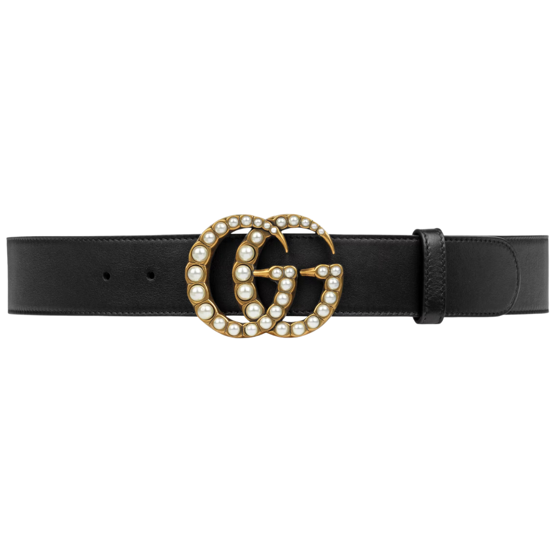 LUXE Lend Designer Handbag Hire Australia, Hire Black Leather Belt With Pearl Double G | GUCCI Australia