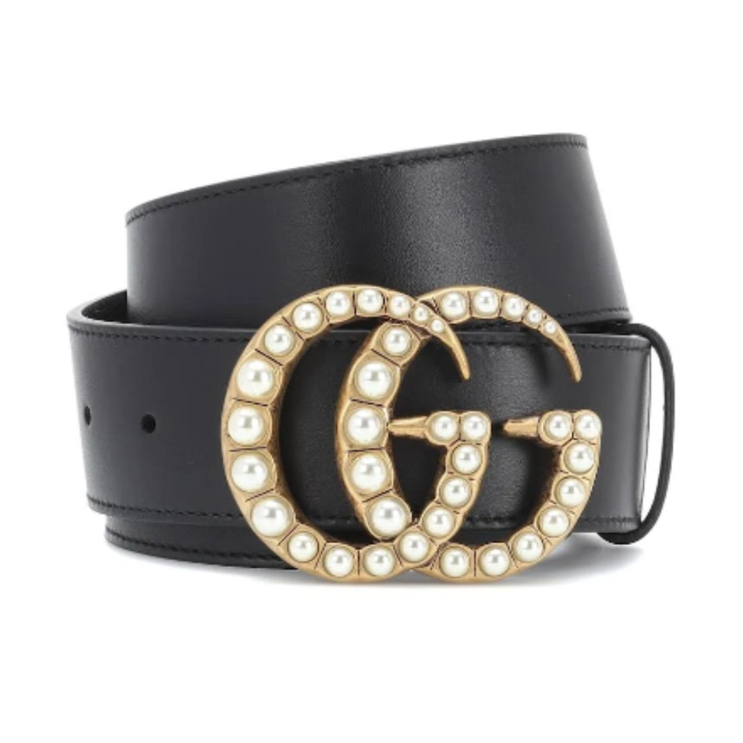 LUXE Lend Designer Handbag Hire Australia, Hire Black Leather Belt With Pearl Double G | GUCCI Australia