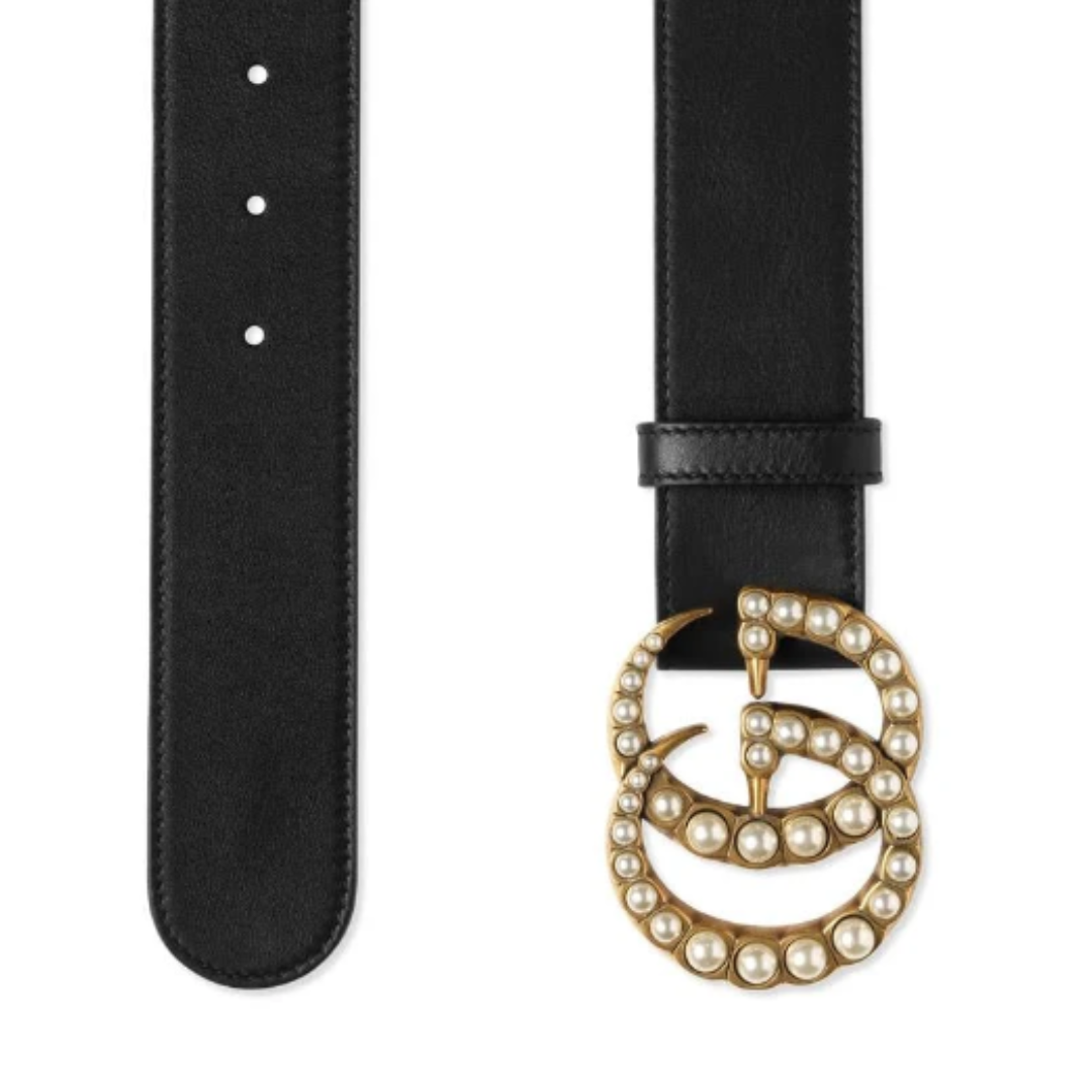 LUXE Lend Designer Handbag Hire Australia, Hire Black Leather Belt With Pearl Double G | GUCCI Australia