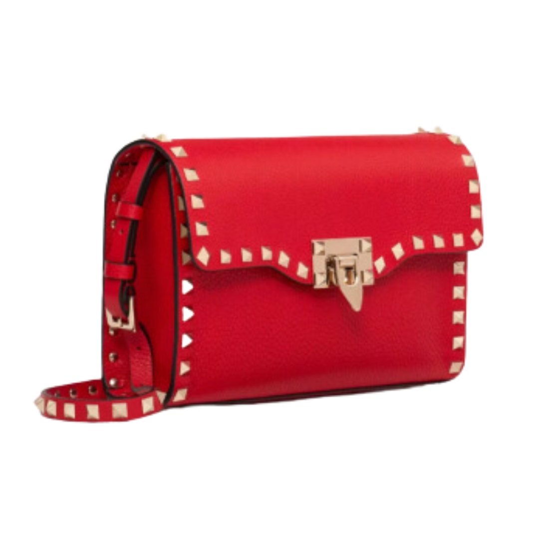 LUXE Lend Designer Handbag Hire Australia, Hire Small Rockstud Grainy Calfskin Crossbody Bag for Woman in Rouge Pur | Valentino AU